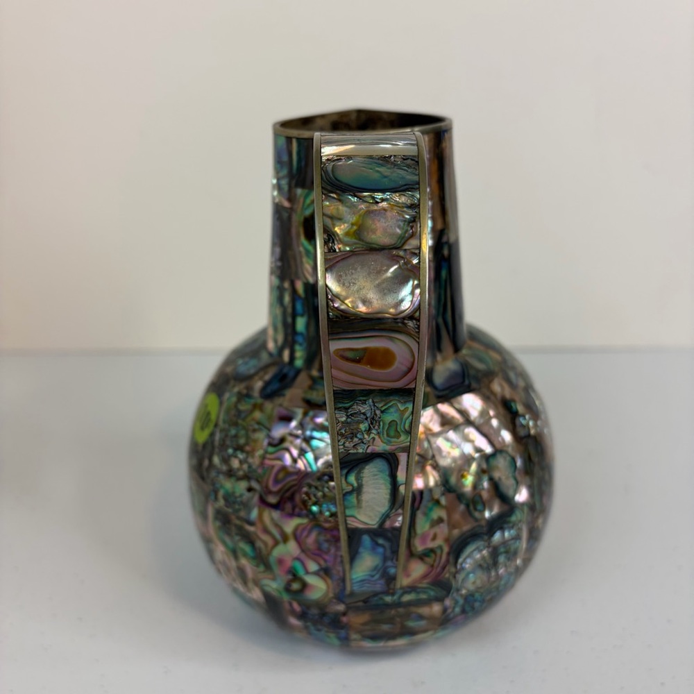 Vintage Abalone Shell Mosaic Pitcher Brass Mother of Pearl Jug Vase Decor 1960s - Picture 2 of 9